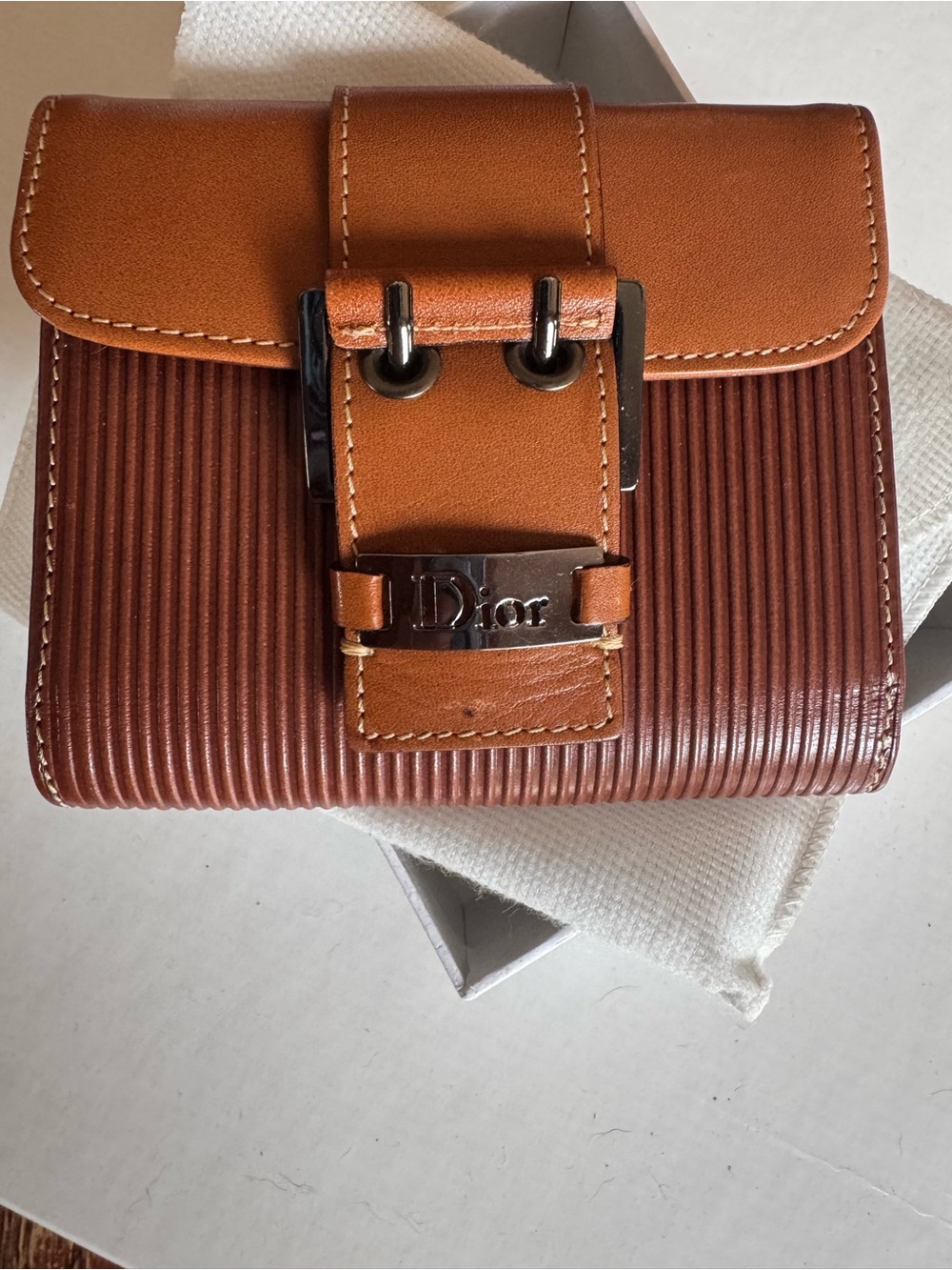 Dior Men’s Tan and Brown Ribbed Leather Wallet